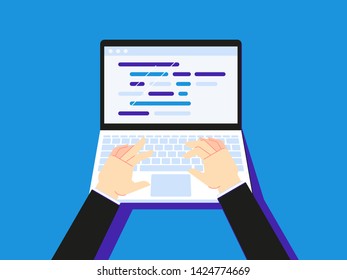 Typing code on laptop. Businessman using notebook creen desktop or secretary hand type. Programmer coding workplace, pc working or website programming development flat vector illustration
