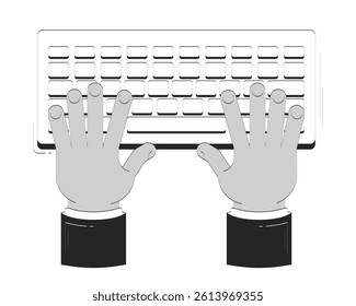 Typing hands on keyboard doodle outline illustration. Digital work. Data entry. Online communication. Keys input top view 2D vector drawing sketch isolated on white. Monochrome clip-art handdrawn