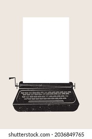 Typing machine with blank space. A4 format paper for your text or design. Vintage vector illustration, grunge design