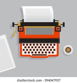 typing machine illustration with cup of coffee