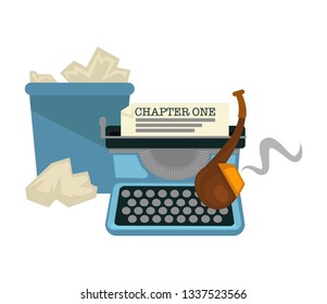Typing machine and smoking pipe waste paper bucket isolated writers tools vector retro devices chapter story or novel creation idea and plot text tobacco in tube and litter bin literature work