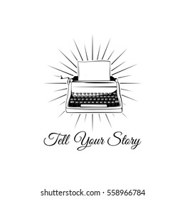 Typing machine. Write you story. Vector illustration isolated on white background