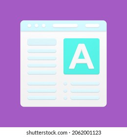 Typing in minimalistic website 3d icon. Volumetric digital correspondence and writing articles and books. Program for correcting mistakes and selecting necessary phrases. Realistic isolated vector