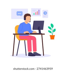 Typing On Computer, entering customer data into system, Flat vector character illustration