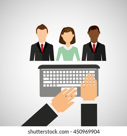 typing on laptop networking and teamwork cooperation icon, vector illustration