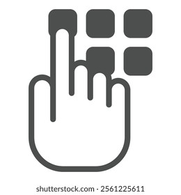 Typing pin code solid icon, data protection concept. Vector graphics. Hand pointer with buttons sign on white background, glyph style icon for mobile or web design