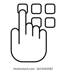 Typing pincode on keypad thin line icon, data protection concept. Vector graphics. Hand pointer with buttons, input sign on white background, linear style for mobile or design