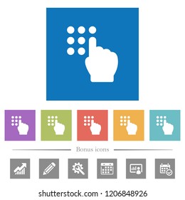 Typing security code flat white icons in square backgrounds. 6 bonus icons included.