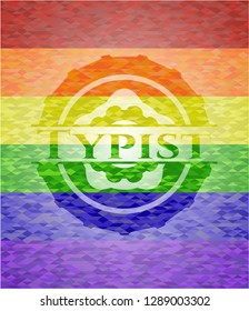 Typist emblem on mosaic background with the colors of the LGBT flag