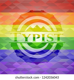 Typist on mosaic background with the colors of the LGBT flag