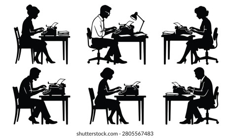Typist sitting at table typing on computer in silhouette on a white background