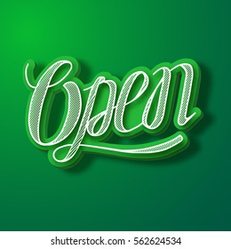 Typographic abstract concept with calligraphic open word on light green background isolated vector illustration
