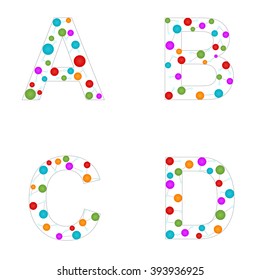 Typographic alphabet in a set. Contains colorful circles and lines. Letters A,B,C,D. Atomic font. Molecular structure design. 