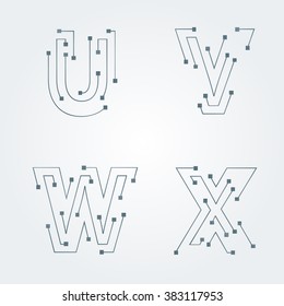 Typographic alphabet in a set. Contains electronic microprocessor texture and minimal design on a minimal abstract background