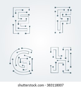 Typographic alphabet in a set. Contains electronic microprocessor texture and minimal design on a minimal abstract background