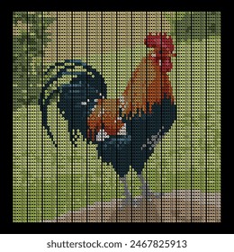 Typographic art consists of an arrangement of letters with many colors that form an image of a rooster.