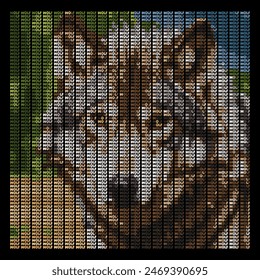 Typographic art consists of many letters that form the image of a wolf.