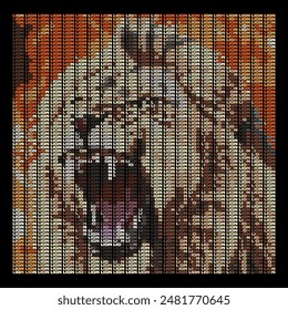 A typographic art, an image of an arrangement of letters with various colors forming a roaring lion.