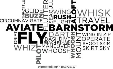 Typographic artwork on white background with black text having many similar words for flying
