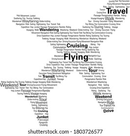 Typographic artwork on white background with black text having many similar words for flying in an aeroplane shape