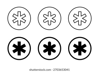 Typographic asterisk icon set in circular outline. Six pointed star shapes symbol