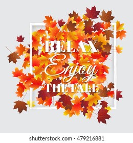 Typographic autumn season background with colorful maple leaves. Vector design for greeting card, poster, flyer.