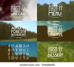 Typographic badges and foods icons for restaurant. Landscape in retro colors blurred background