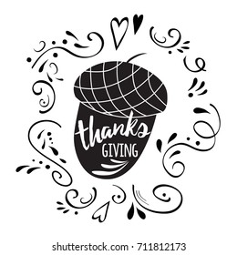 Typographic banner with phrase Hello Autumn in black decorated maple leave. Fall vector illustration Black print with text for print, posters, card design. Hand drawn invitation congratulation element