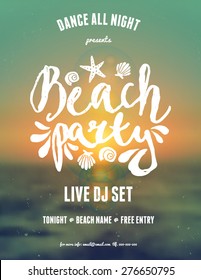 Typographic beach party/music festival flyer design on a blurred sunset/sunrise background. Scalable to a standard 8,5" x 11" size. EPS 10 file, gradient mesh and transparency effects used.