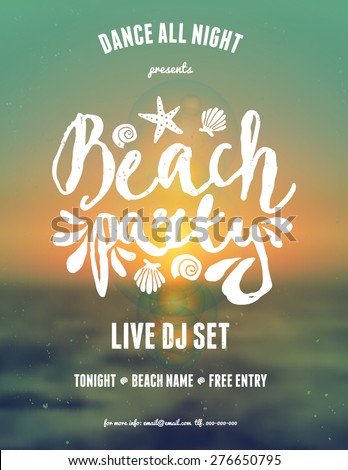 Typographic beach party/music festival flyer design on a blurred sunset/sunrise background. Scalable to a standard 8,5