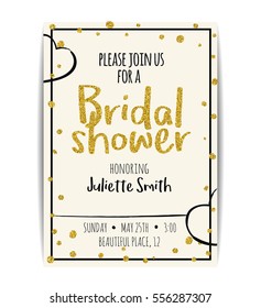 Typographic bridal shower invitation with love symbol. Please join us. Golden texture text with glitter sequins. Premium party invitation and cards design. Vector EPS10 illustration.