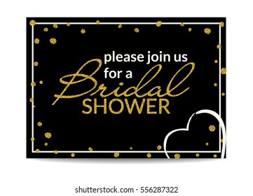 Typographic bridal shower invitation with love symbol. Please join us. Golden texture text with glitter sequins. Black background. Premium party invitation and cards design. Vector EPS10 illustration.