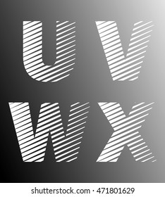 Typographic broken alphabet font template. Set of letters U, V, W, X logo or icon. Vector illustration.