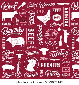 Typographic butchery seamless pattern, background. Farm animals silhouettes and hand writen lettering text elements for groceries, meat stores, packaging and advertising. Vector illustration.