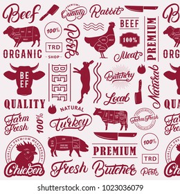 Typographic butchery seamless pattern, background. Farm animals silhouettes and hand writen lettering text elements for groceries, meat stores, packaging and advertising. Vector illustration.