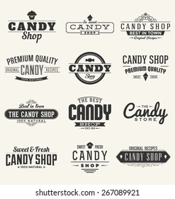 Typographic Candy Themed label Design Set - A collection of nine dark colored vintage style candy designs on light background