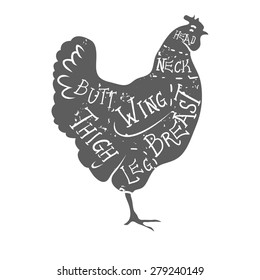 Typographic chicken butcher cuts diagram vintage style vector