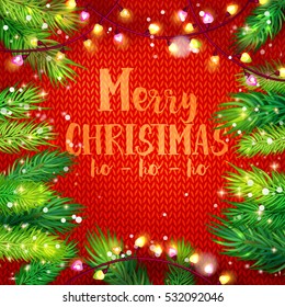Typographic Christmas card with fir and garland frame on knitting background. Holiday greetings on red. Merry Christmas