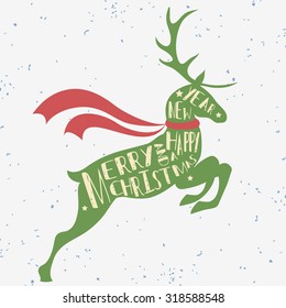 Typographic Christmas greeting card with reindeer. Merry christmas and a happy new year. Grunge texture. T-shirt design, label, print, decor elements, greeting and postal cards. Vintage 