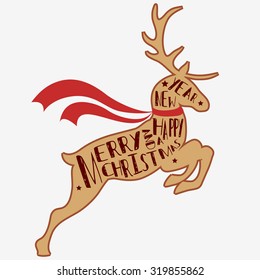 Typographic Christmas greeting card with reindeer. Merry christmas and a happy new year.  T-shirt design, label, print, decor elements, greeting and postal cards. Vintage Typography design 