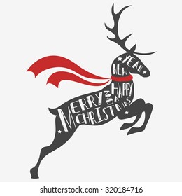 Typographic Christmas greeting card with reindeer. Merry christmas and a happy new year. . Hand draw Vintage Typography design 