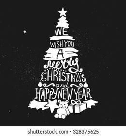 Typographic Christmas and New Year Tree, Gifts. Merry Xmas lettering vector illustration for cards, banners, posters.