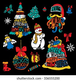 Typographic Christmas and New Year tree, Santa, Ball, Bag, Gifts. Merry XMas lettering and silhouettes. Greeting cards design.