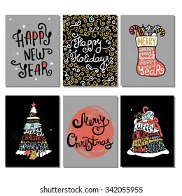 Typographic Christmas and New Year tree, Santa, Ball, Bag, Gifts. Merry XMas lettering and silhouettes. Greeting cards design.