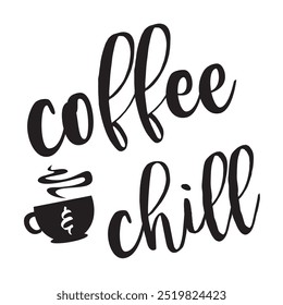 Typographic coffee cup vector illustration. Artwork features a small hot beverage cup with steam and text on a white background. Apparel graphic artwork. Hand drawn illustration.