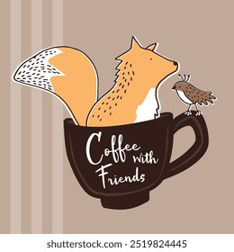 Typographic coffee cup vector illustration. Artwork features a hot beverage cup with an orange fox, bird and text on a brown background. Apparel graphic artwork. Hand drawn illustration.