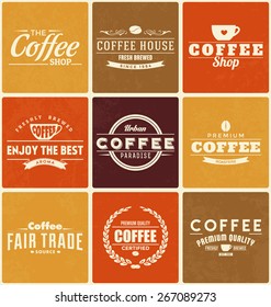Typographic Coffee Themed label Design Set - A collection of nine brightly colored vintage style coffee designs on colorful backgrounds