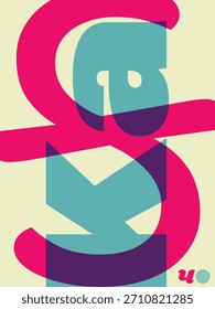 Cartel de colisión tipográfica, diseño Abstractas de forma de letra en cian, magenta y crema, alfabeto gujrati "ક" utilizado en el cartel. ક = ka .