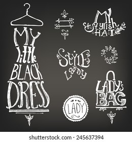 Typographic composition chalk on a blackboard: the little black dress, hat and bag