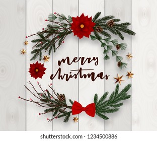 Typographic composition of christmas Postcard with vintage label and Christmas wishes decorated with Festive Elements. 